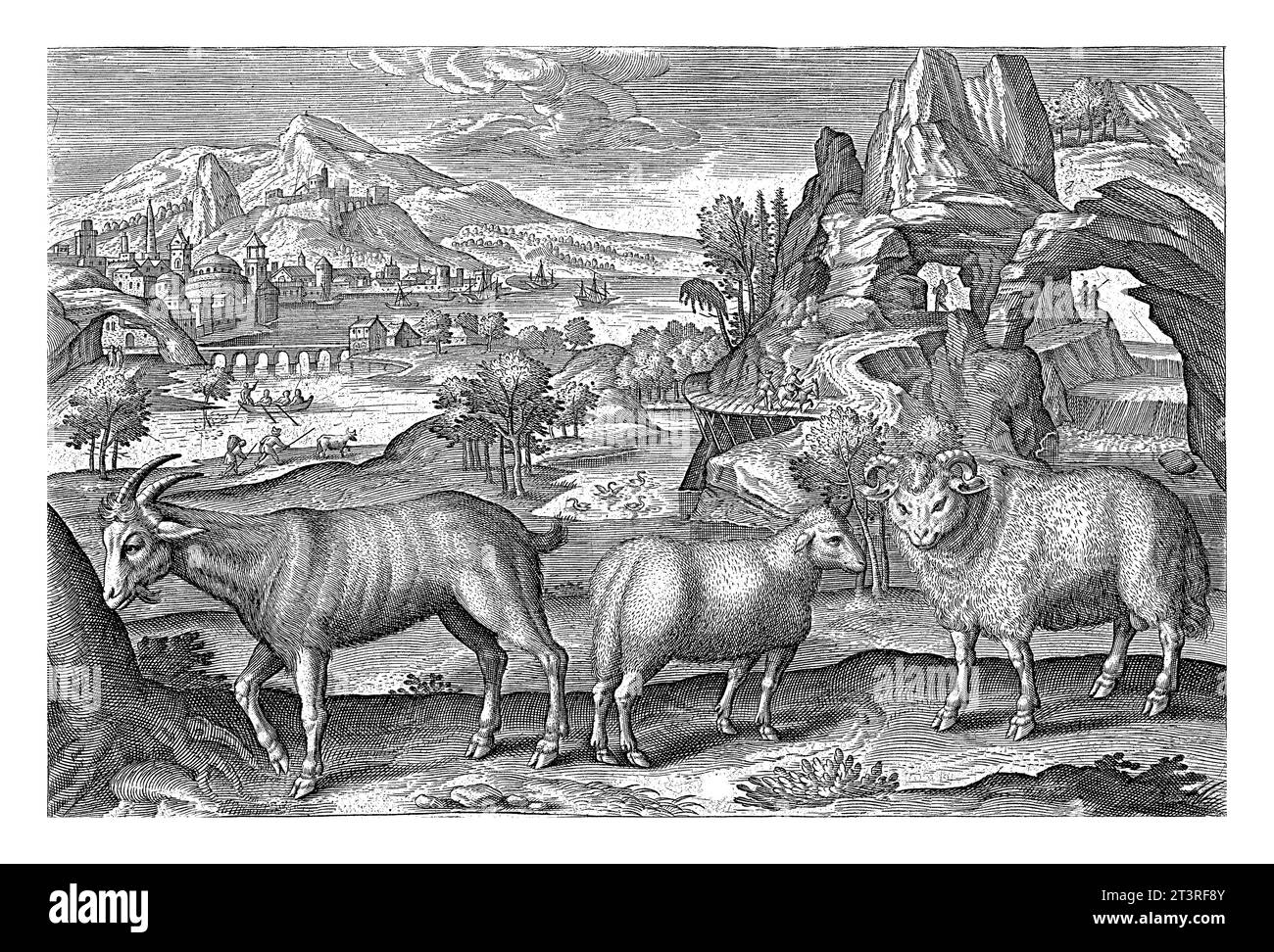 Capra e pecora, Adriaen Collaert, 1595 - 1599 Una capra, una pecora e un ariete in primo piano. Sullo sfondo un paesaggio fluviale con rocce. Foto Stock