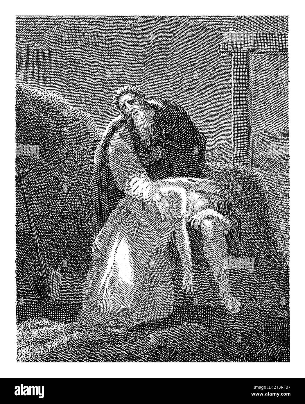 Old Man with the Body of a Young Woman on His Lap, K. Portman, 1823 Un anziano barbuto in lutto tiene il corpo di una giovane donna. Accanto a loro c'è un spad Foto Stock