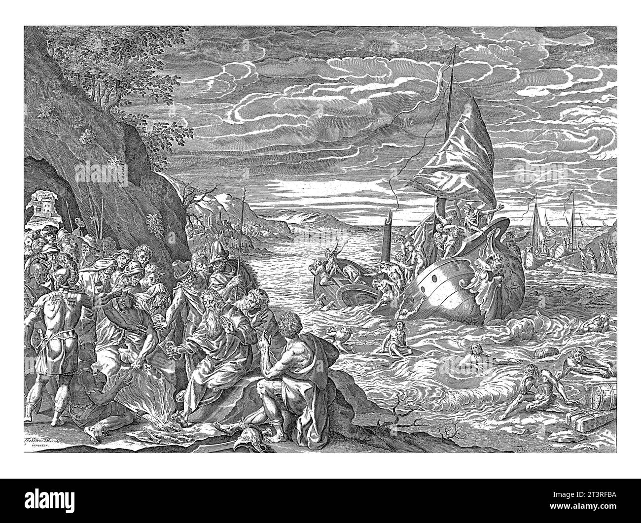 Paul a Malta, Harmen Jansz Muller, dopo Dirck Barendsz., 1633 - 1679 durante il viaggio a Roma, la nave di Paul naufraga al largo della costa di Malta. Foto Stock