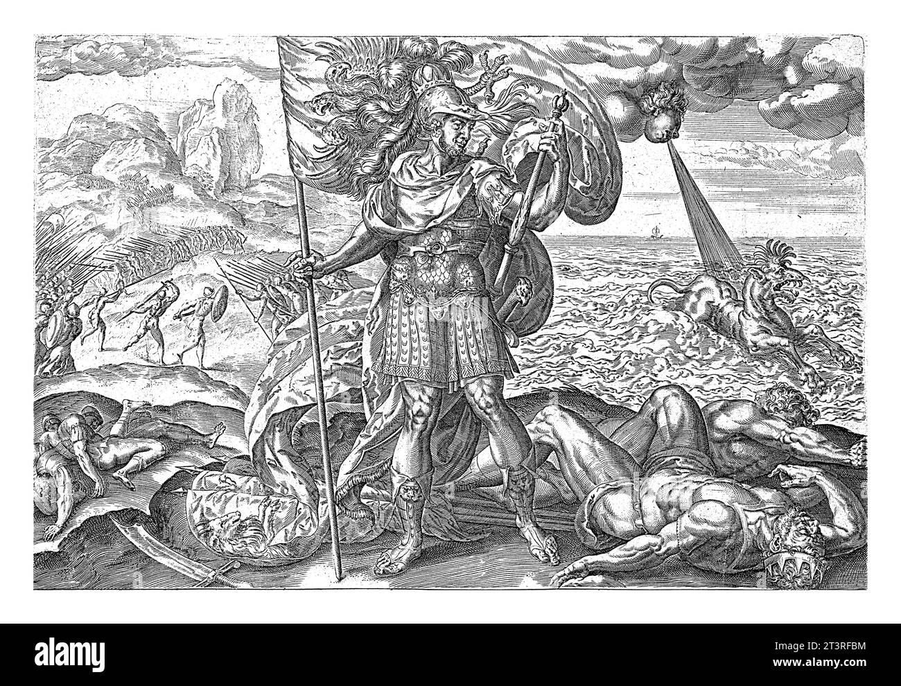 L'Impero Romano, Johannes Wierix, dopo Gerard van Groeningen, 1559 - prima del 1574 Un soldato romano trionfa sul campo di battaglia. Ai suoi piedi giace la sconfitta Foto Stock