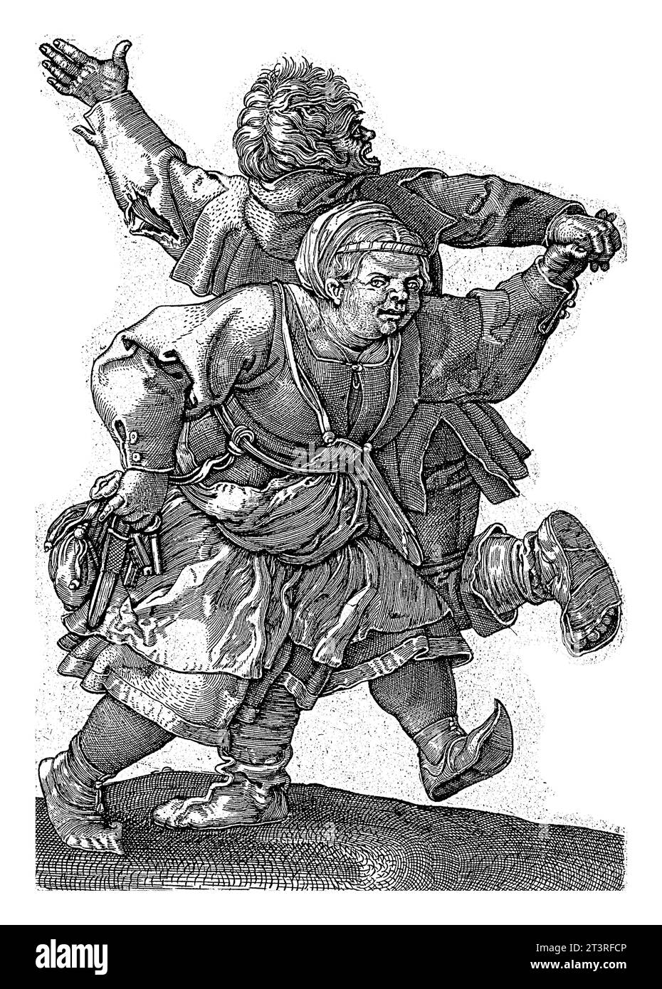 Coppia di contadini danzanti, Hieronymus Wierix (attribuito a), dopo Albrecht durer, 1559 - prima del 1619 Un contadino e una contadina ballano mano nella mano. Foto Stock