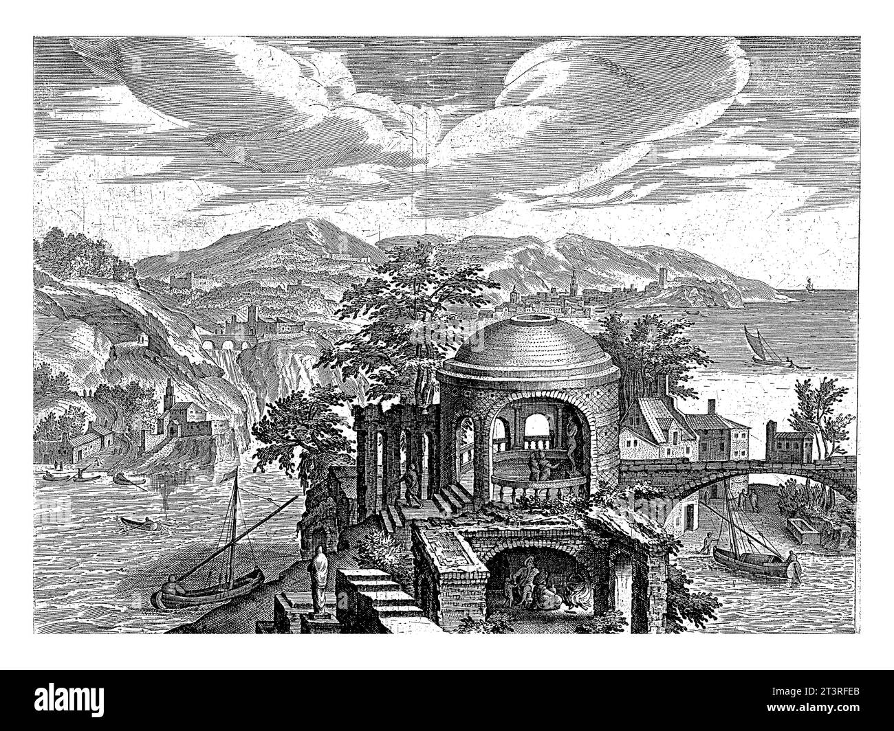 Paesaggio con un fiume e una rovina di un tempio, Adriaen Collaert, dopo Hendrick van Cleve, 1587 in primo piano una rovina di un tempio rotondo. Nel bac Foto Stock