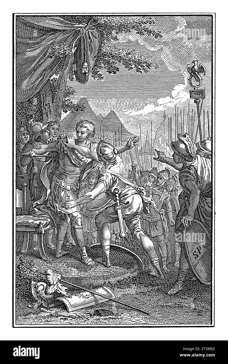 Germanicus cerca di suicidarsi, Jan Caspar Philips, dopo Hubert Francois Gravelot, 1736 - 1775 campo tenda con soldati. In primo piano Germani Foto Stock
