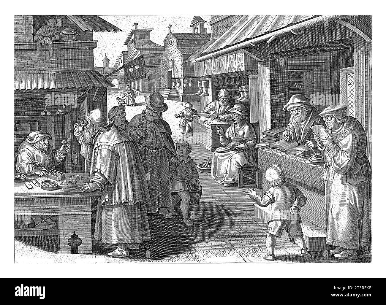 Brillenwinkel, Jan Collaert (II), dopo Jan van der Straet, c. 1593 - c. 1598 un vecchio tenta di indossare occhiali nuovi presso il negozio di occhiali locale. Sullo stesso piano Foto Stock