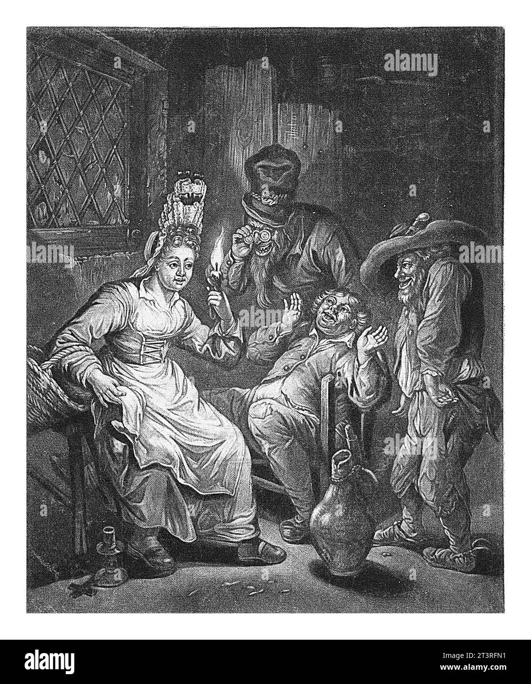 Il volto, Cornelis Dusart, 1670 - 1704 tre uomini guardano una donna che tiene una candela. Uno degli uomini indossa gli occhiali. La stampa fa parte di una serie di cinque Foto Stock