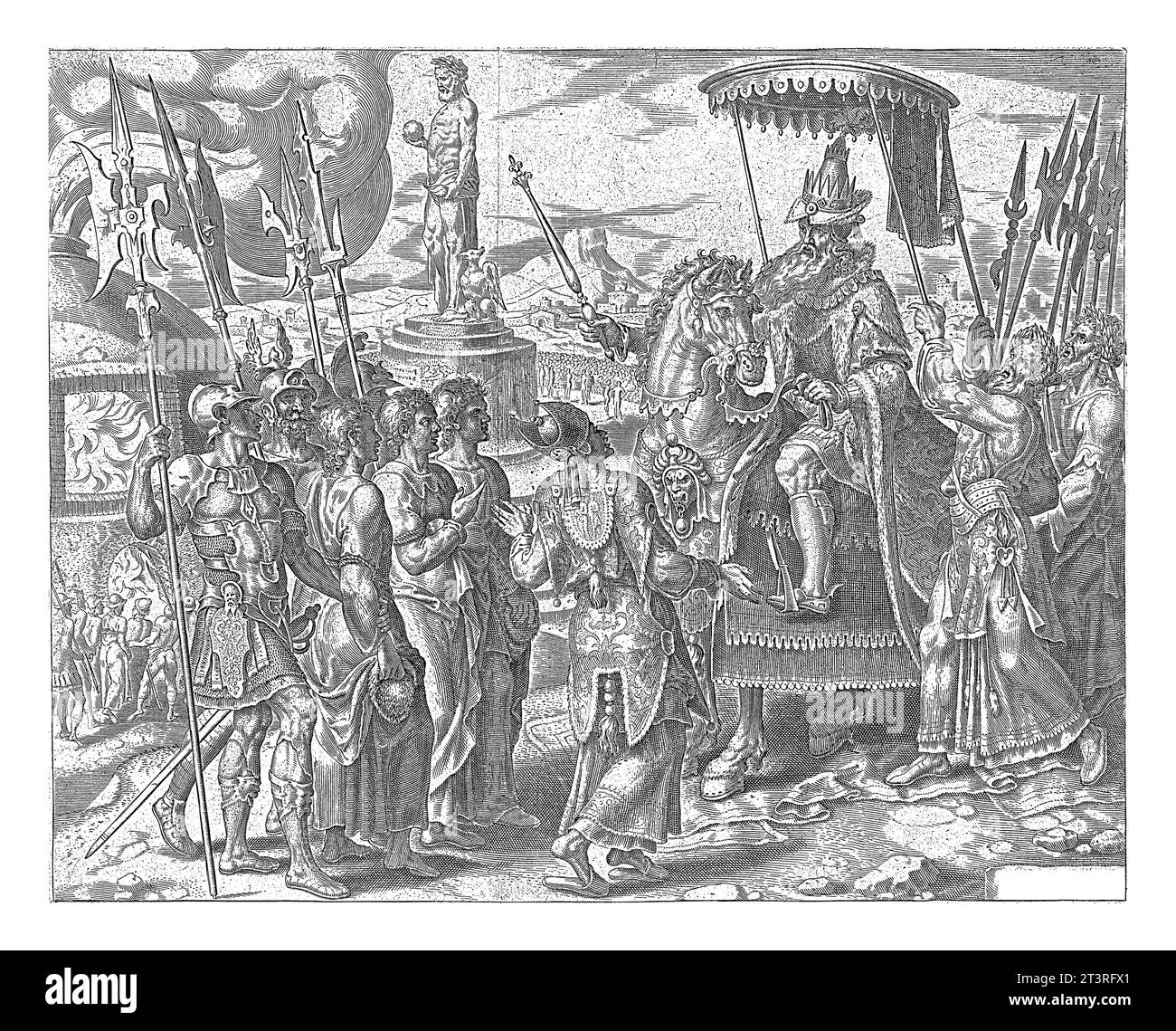 Shadrach, Meshach e Abednego davanti al re Nabucodonosor, Philip Galle, dopo Maarten van Heemskerck, 1565 i tre ebrei che si rifiutano di adorare la via Foto Stock