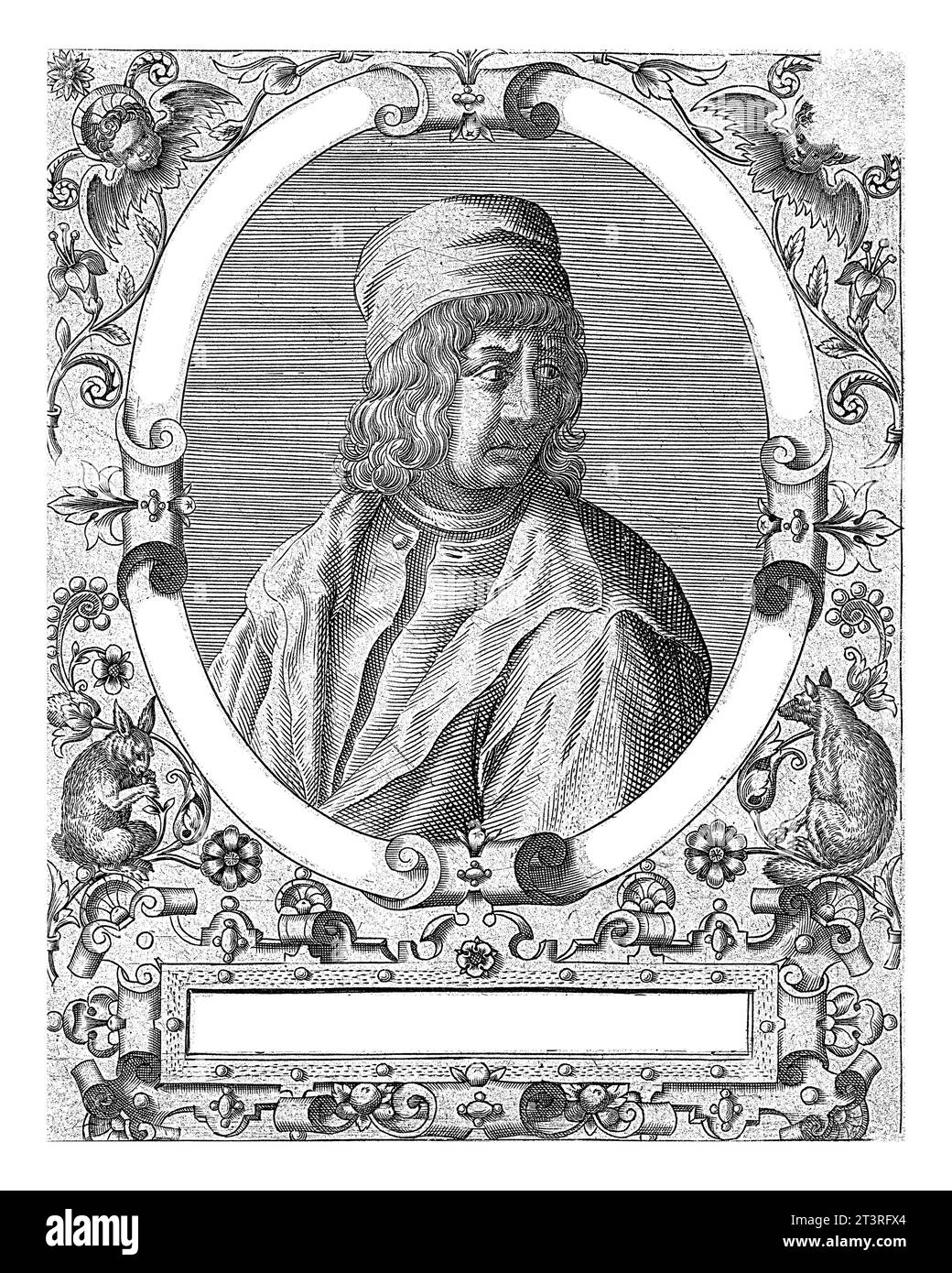 Ritratto di Marsilio Ficino, Theodor de Bry, dopo Jean Jacques Boissard, 1669 Ritratto del filosofo umanista Marsilio Ficino, in ovale con bordo Foto Stock