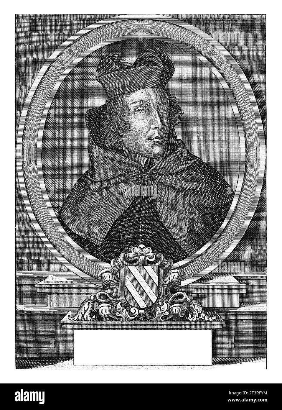 Busto ritratto del teologo Martinus Steyaert. Ha chiuso l'occhio sinistro. Sotto il ritratto uno stemma e una base con il suo nome, titolo e. Foto Stock