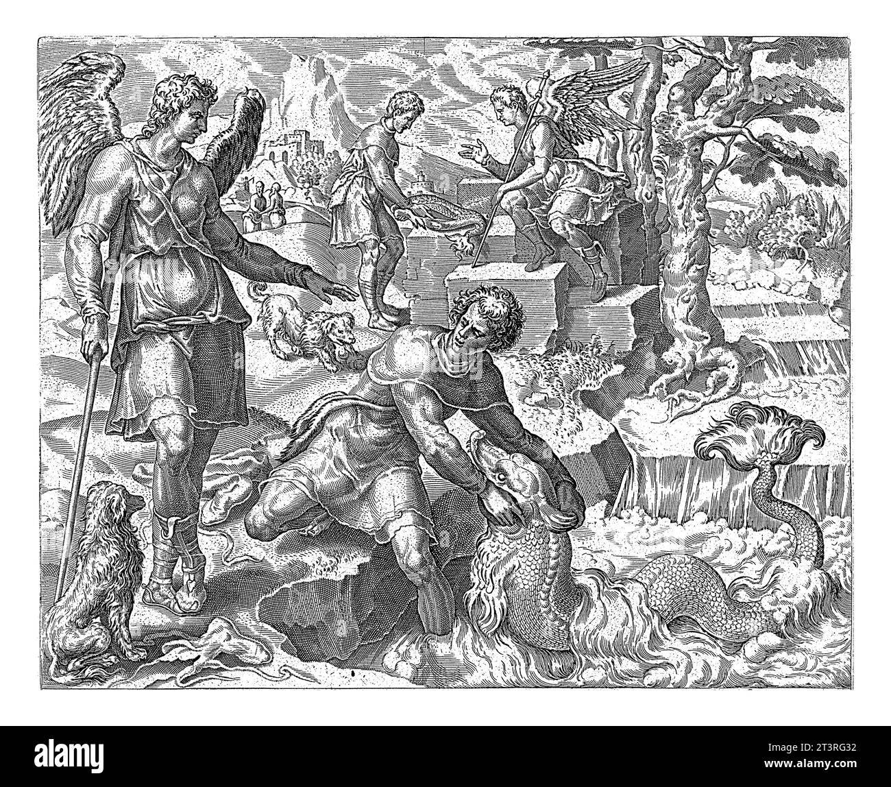 Tobias cattura il pesce, anonimo, dopo Maarten van Heemskerck, 1556 - 1633 l'Arcangelo Raffaello ordina a Tobias di prendere il pesce dal fiume Tigri Foto Stock