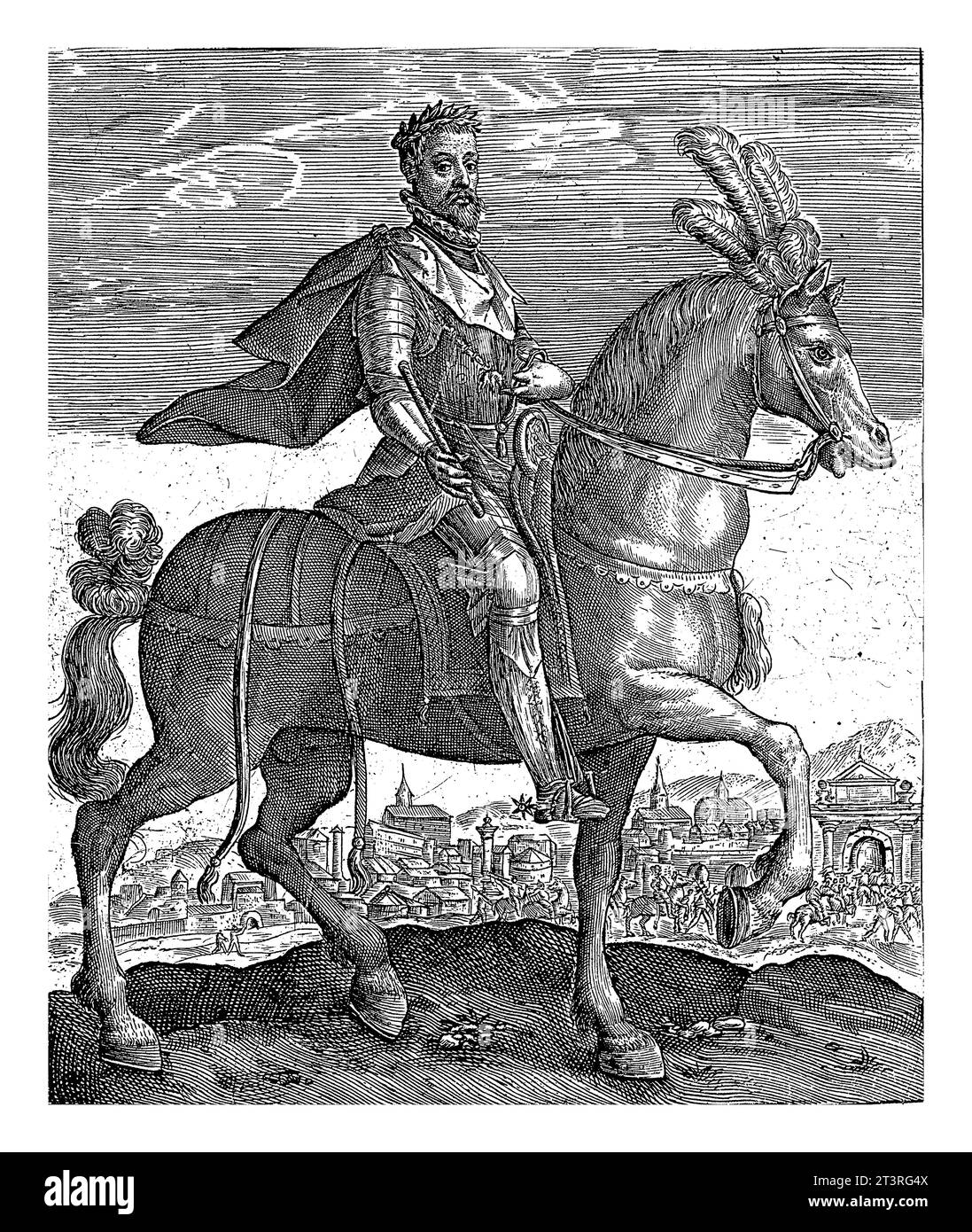 Massimiliano II a cavallo, Crispijn van de Passe (i), dopo G. ENS, 1604 Massimiliano II, imperatore tedesco, a cavallo. Indossa una catena con l'ordine Foto Stock