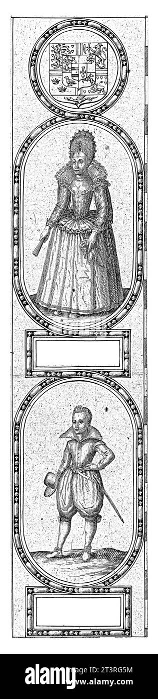 Ritratti di Anna di Danimarca e Carlo i d'Inghilterra, Jodocus Hondius (i), 1611 - 1612 Ritratto ai piedi di (sopra) Anna di Danimarca in un cartiglio Foto Stock