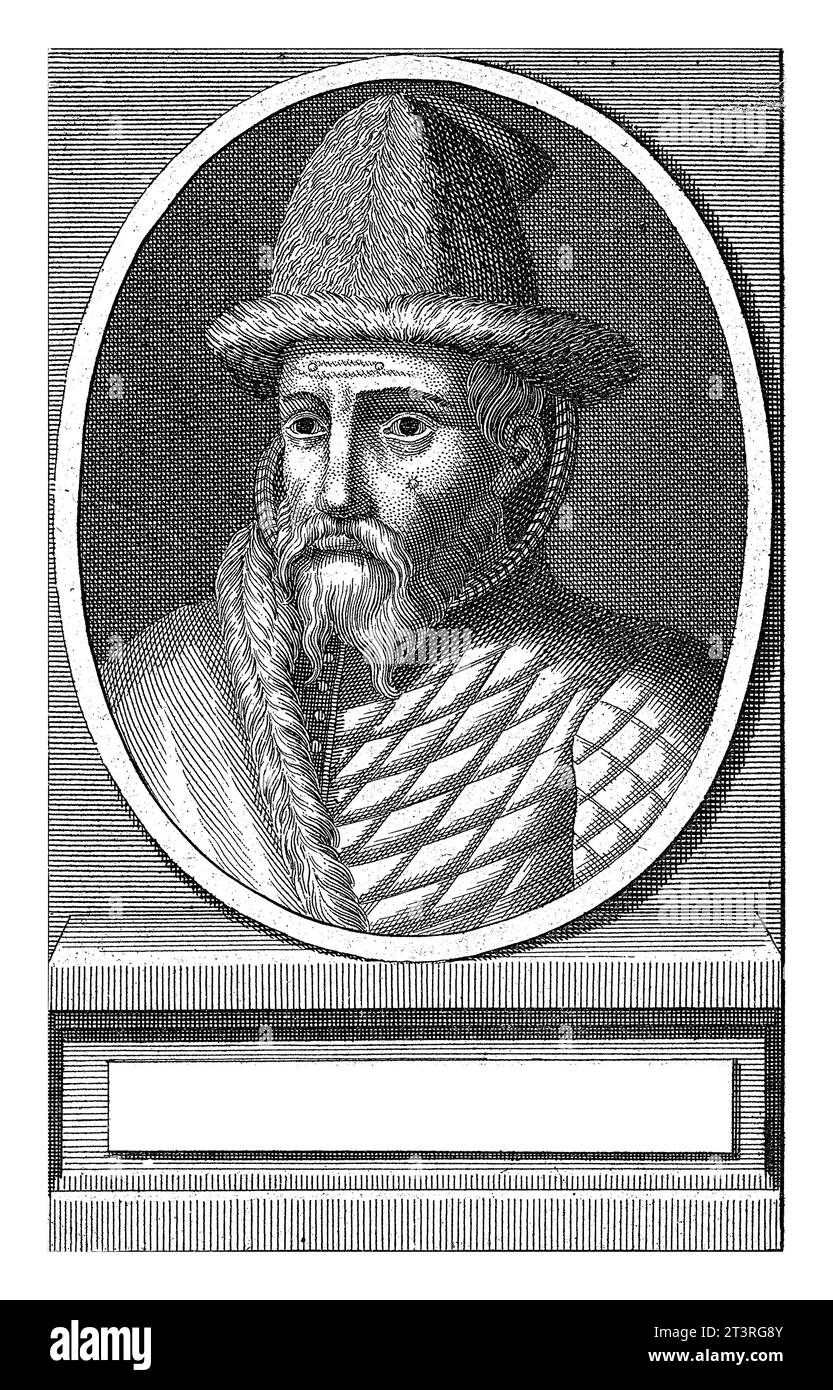 Ritratto di Tamerlano Lenk, Jan Lamsvelt, 1684 - 1743 Ritratto busto in ovale a sinistra di Tamerlano Lenk, fondatore dell'Impero timuride, con un cappello di pelliccia. Foto Stock