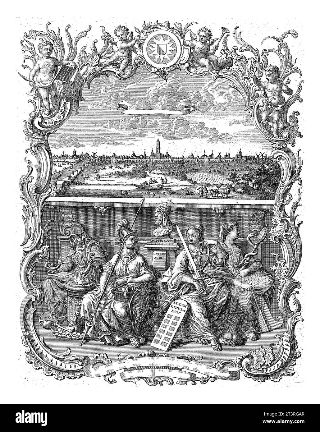 Veduta di Utrecht e delle quattro virtù cardinali, Noah van der Meer (i), 1745 veduta di Utrecht con la Torre del Duomo al centro. Foto Stock