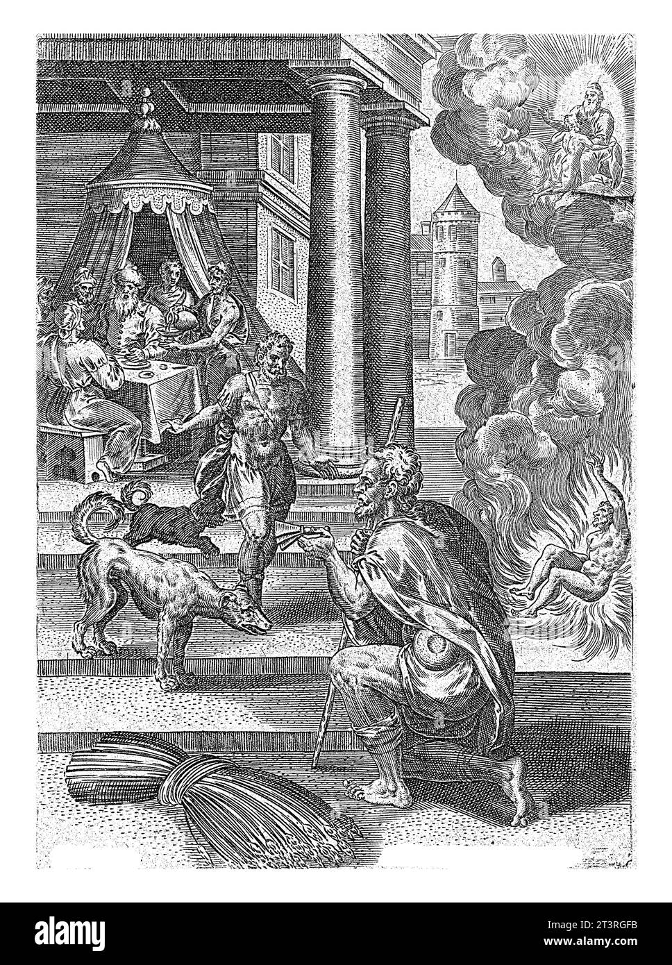 Parabola di Lazzaro e dell'uomo ricco, Abraham de Bruyn, dopo Crispijn van den Broeck, 1583 illustrazione del libro per la parabola di Lazzaro e dei ricchi Foto Stock