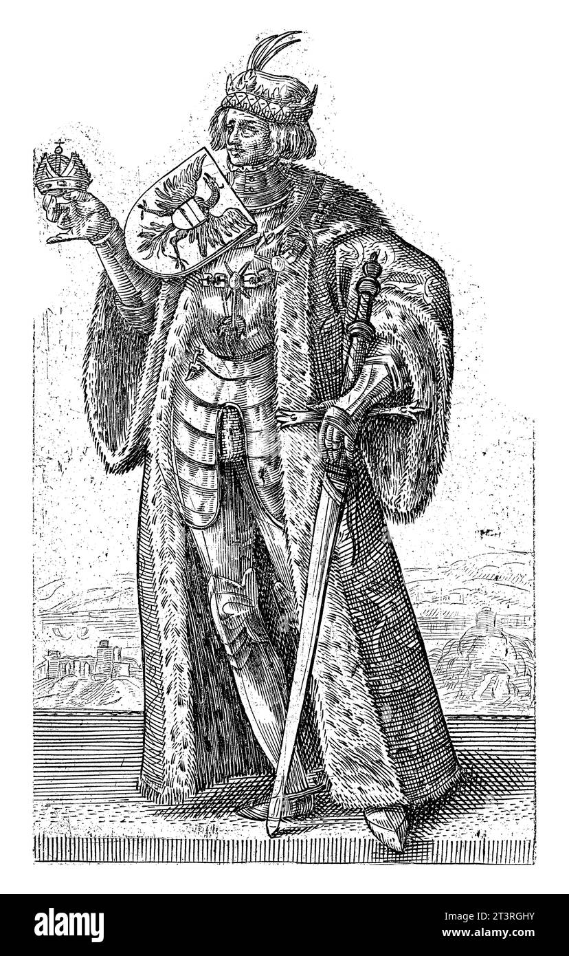 Ritratto di Massimiliano i d'Asburgo, imperatore romano-tedesco, Adriaen Matham, 1620 Ritratto di Massimiliano i d'Asburgo, imperatore romano-tedesco, in piedi Foto Stock