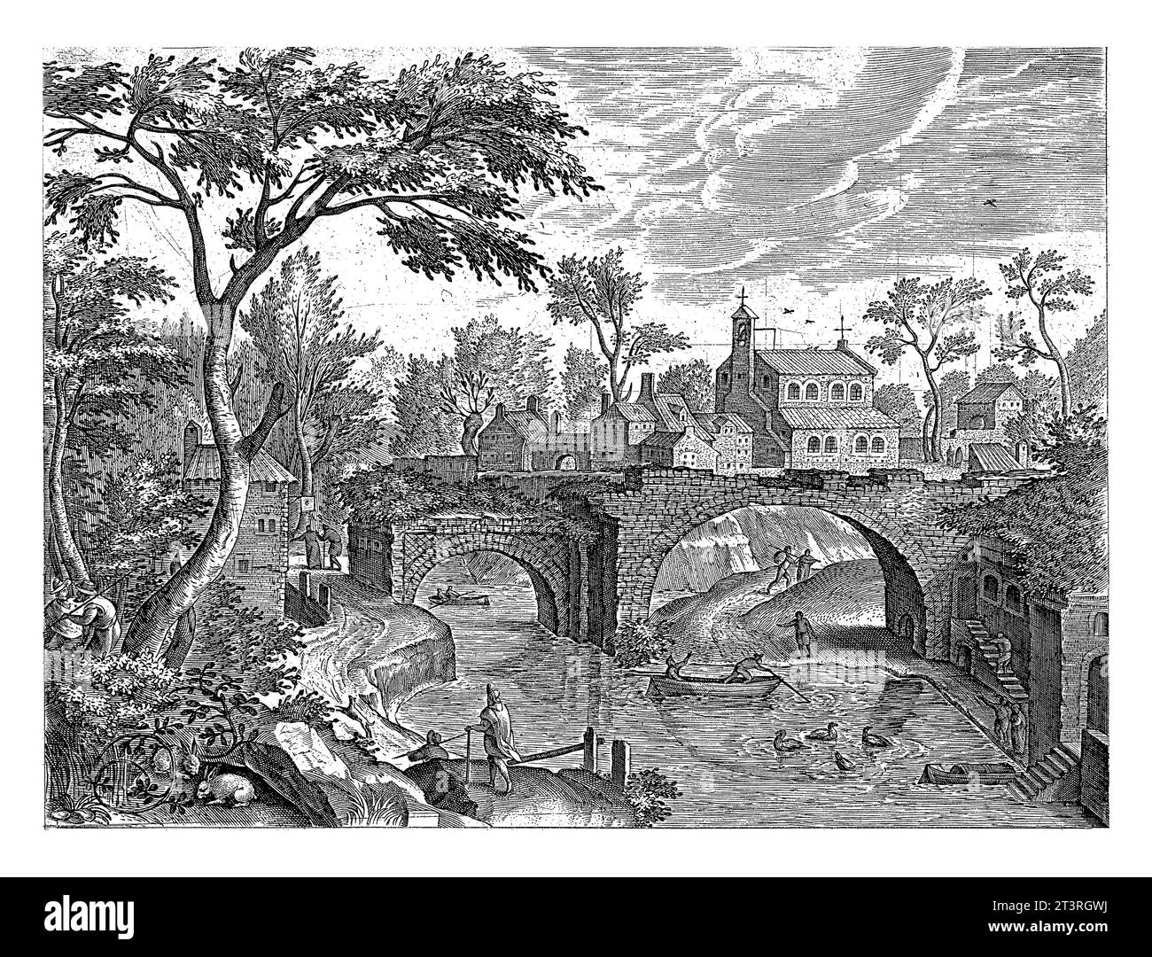 Paesaggio con rovine di un ponte, Adriaen Collaert, dopo Hendrick van Cleve, 1587 in primo piano alcuni camminatori camminano lungo la riva di una rive Foto Stock