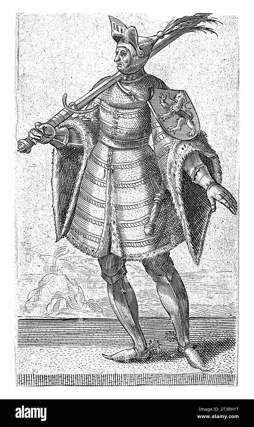 Ritratto di Arnolfo, Conte d'Olanda, Adriaen Matham, 1620 Ritratto di Arnolfo, Conte d'Olanda, in piedi a sinistra in armatura con lo stemma Foto Stock