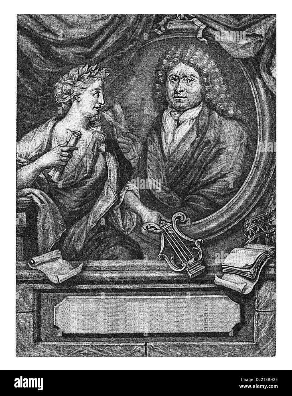 Ritratto di Francois Halma, Arnoud van Halen, 1673 - 1732 il poeta, tipografo ed editore Francois Halma con un rotolo di carta in mano. Foto Stock