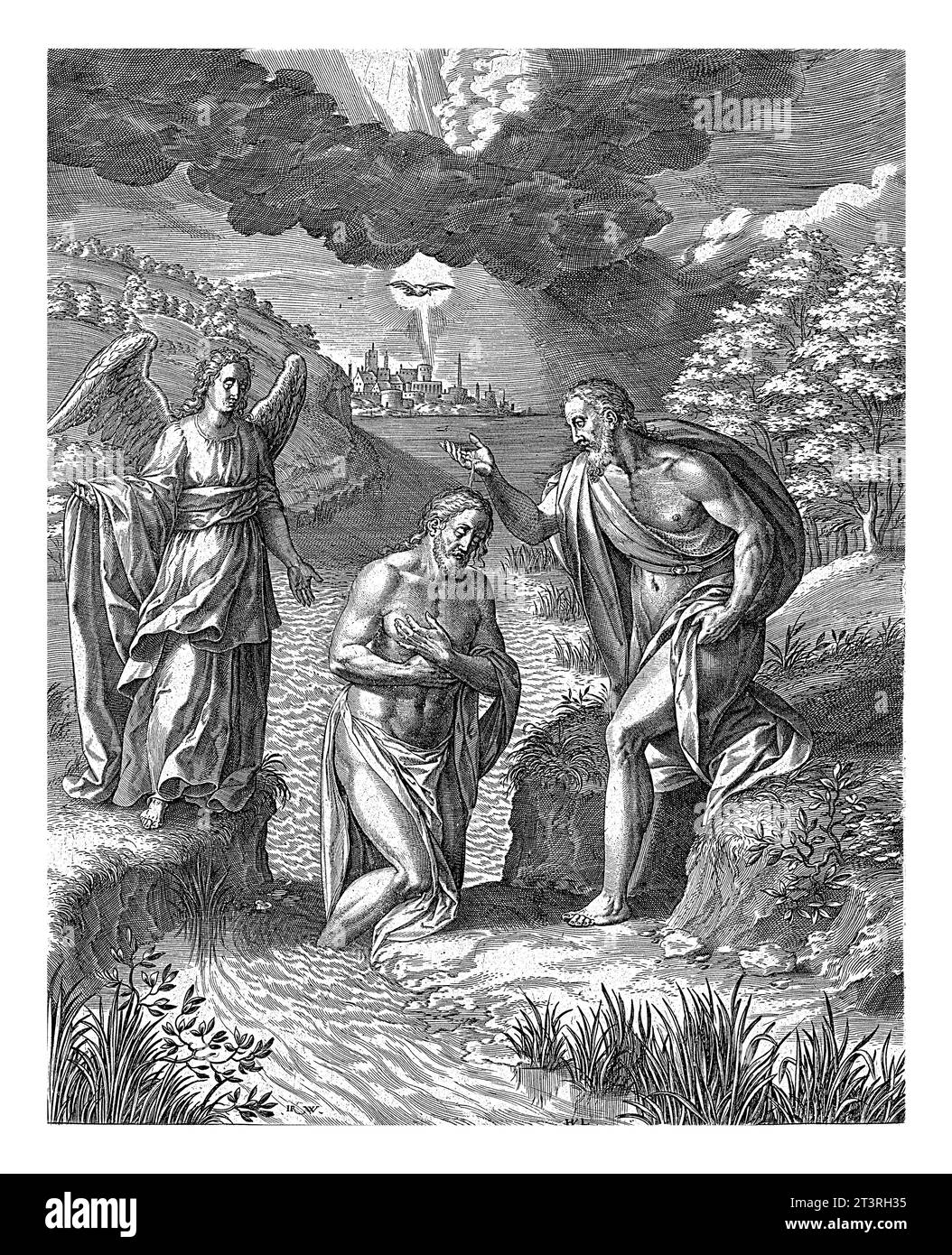 Battesimo di Cristo, Hieronymus Wierix, 1563 - prima del 1586 Cristo è battezzato in Giordania da Giovanni Battista, alla presenza di un angelo. Dio nel Foto Stock