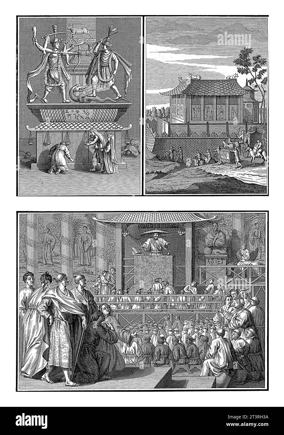 Dio giapponese, Pagoda e predicatore, Bernard Picart (workshop of), 1724 Magazine con tre rappresentazioni relative alla religione giapponese. Foto Stock