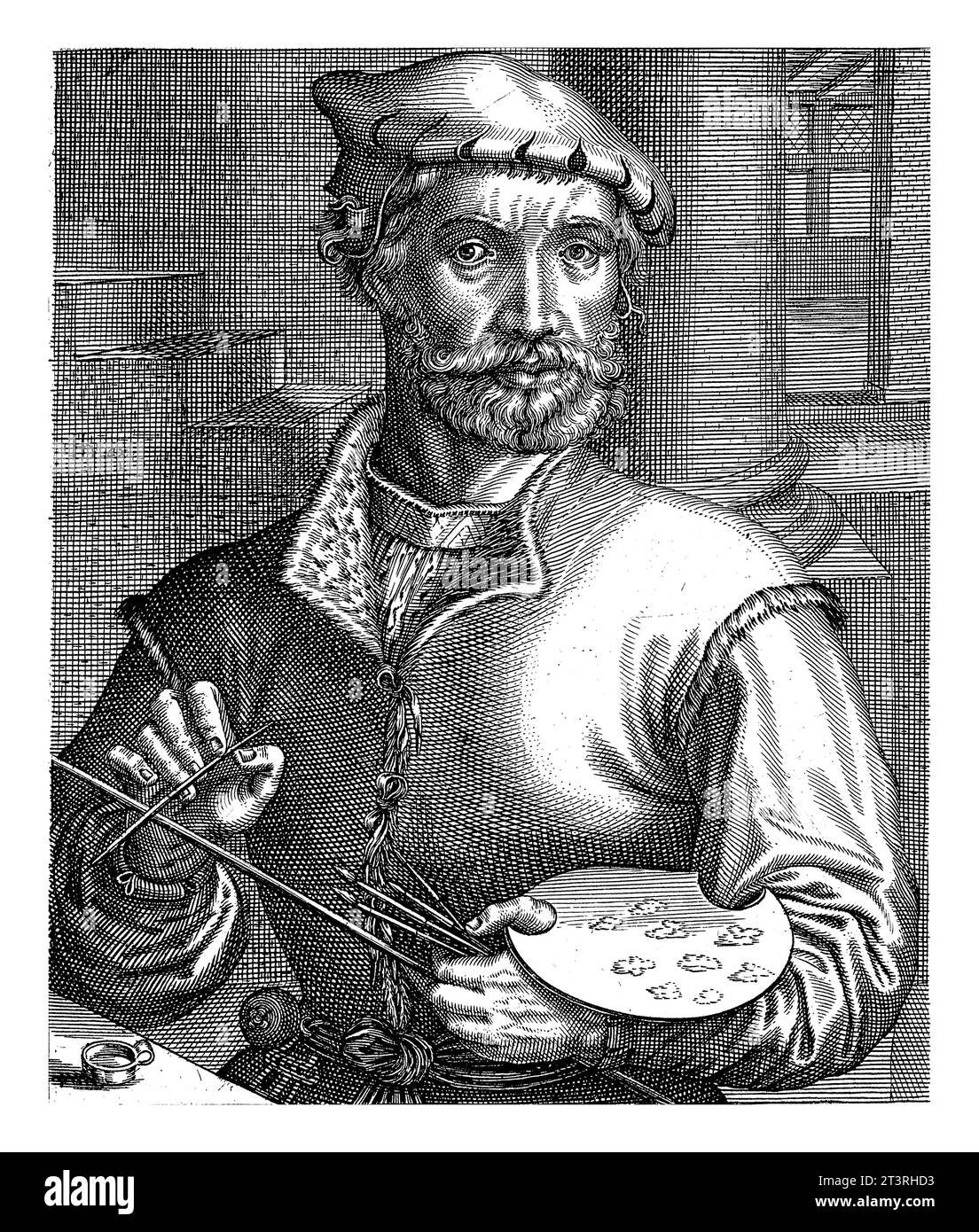 Ritratto di Pieter Coecke van Aelst, Hendrick Hondius (i), 1610 ritratto a metà lunghezza di Pieter Coecke van Aelst. Sotto il ritratto si trovano il nome e sei l Foto Stock