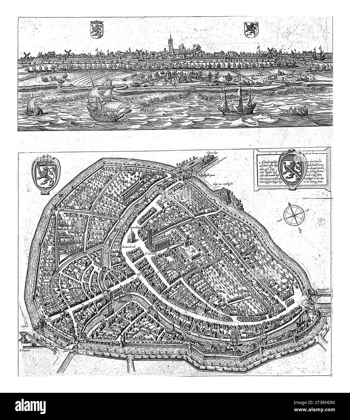 Panorama e mappa di Schiedam, 1598, Jacob de Gheyn (II), 1700 - 1800 sopra un panorama di Schiedam, con il fiume Maas in primo piano e il Sint- Foto Stock