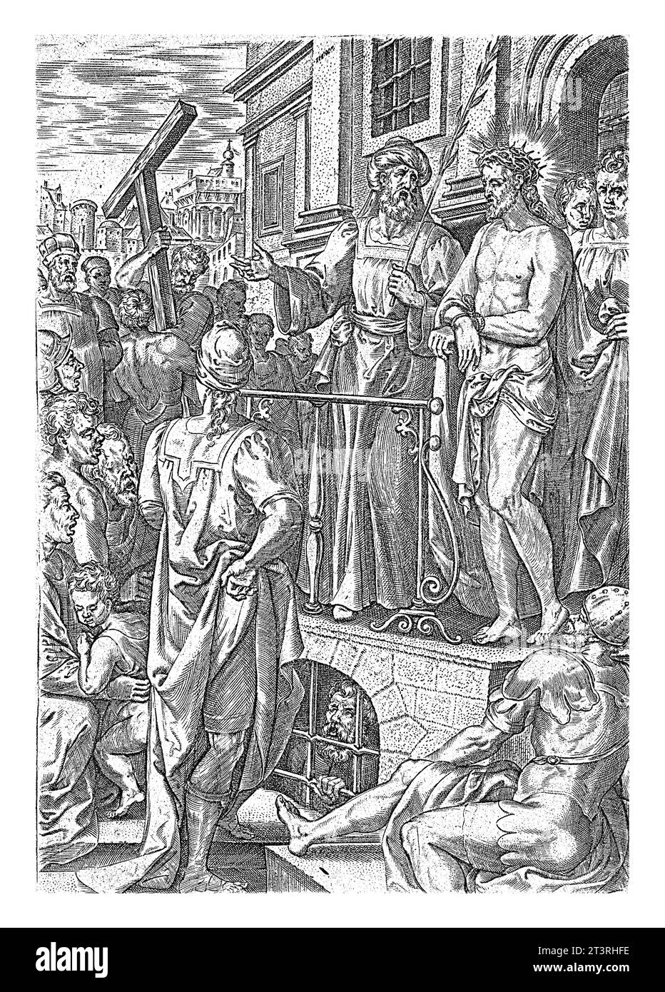 Ecce Homo, Johannes Wierix, 1583 illustrazione del libro per la storia della passione di Cristo (Giovanni 19:5). Ponzio Pilato mostra Cristo, coronato di spina Foto Stock