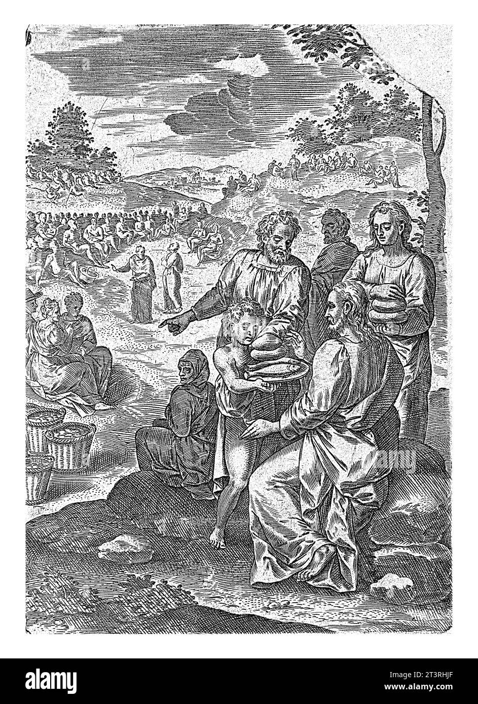 Il miracolo dei sette pani e dei due pesci, Abraham de Bruyn, dopo Crispijn van den Broeck, 1583 illustrazione del libro per la storia del mirac Foto Stock