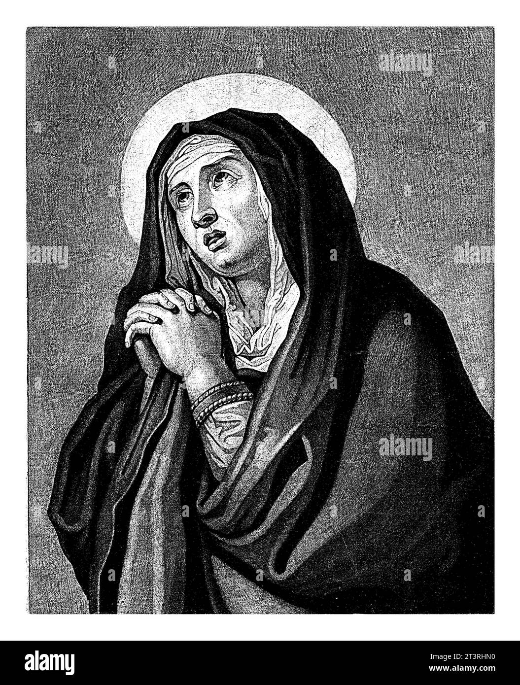 Mary interpreta Mater dolorosa, Pieter Schenk (i), dopo Charles le Brun, 1670 - 1713, inciso vintage. Foto Stock