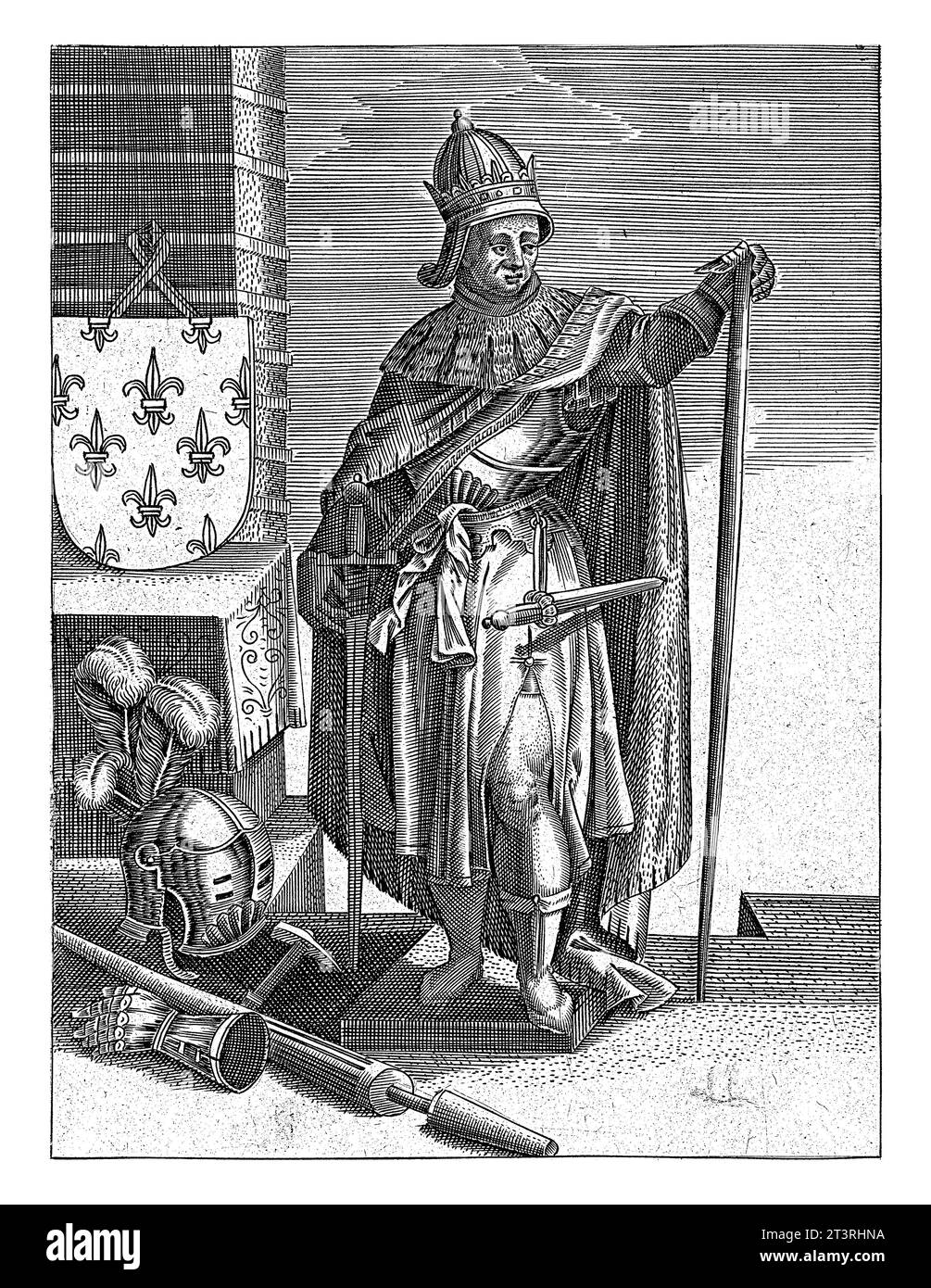 Ritratto di Pepin il corto, anonimo, 1600 Ritratto di Pepin III, soprannominato Pepin il corto. Cortigiano e re dei Franchi. In piedi, ai suoi piedi, Foto Stock