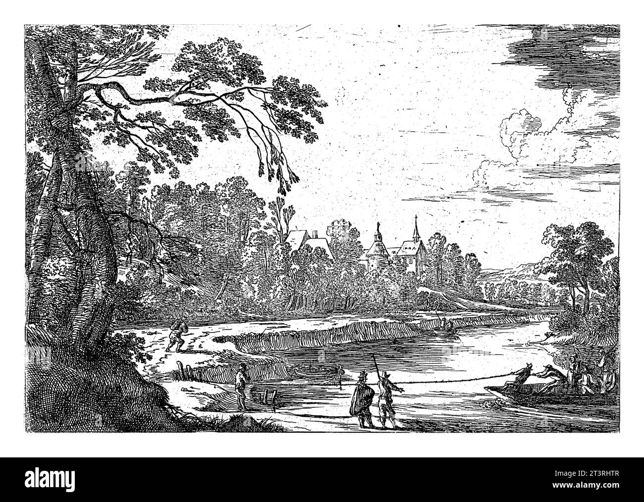 Il traghetto, Matthieu van Plattenberg, 1617 - 1660 paesaggio con un traghetto che attraversa un fiume. Sullo sfondo una vista di un villaggio. Foto Stock