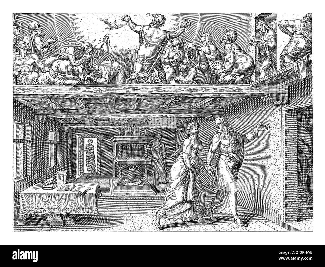 Effusione dello Spirito Santo, Claes Jansz. Visscher, dopo Philips Galle, dopo Jan van der Straet, 1643-1646 all'ultimo piano i discepoli di Chris Foto Stock