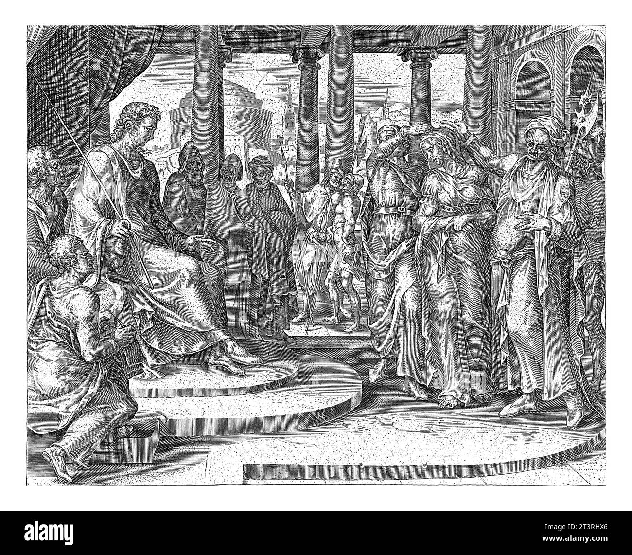 Susanna accusata dagli anziani, Harmen Jansz Muller, dopo Maarten van Heemskerck, 1570 - 1612 in tribunale, Susanna è falsamente accusata dagli anziani. Loro Foto Stock