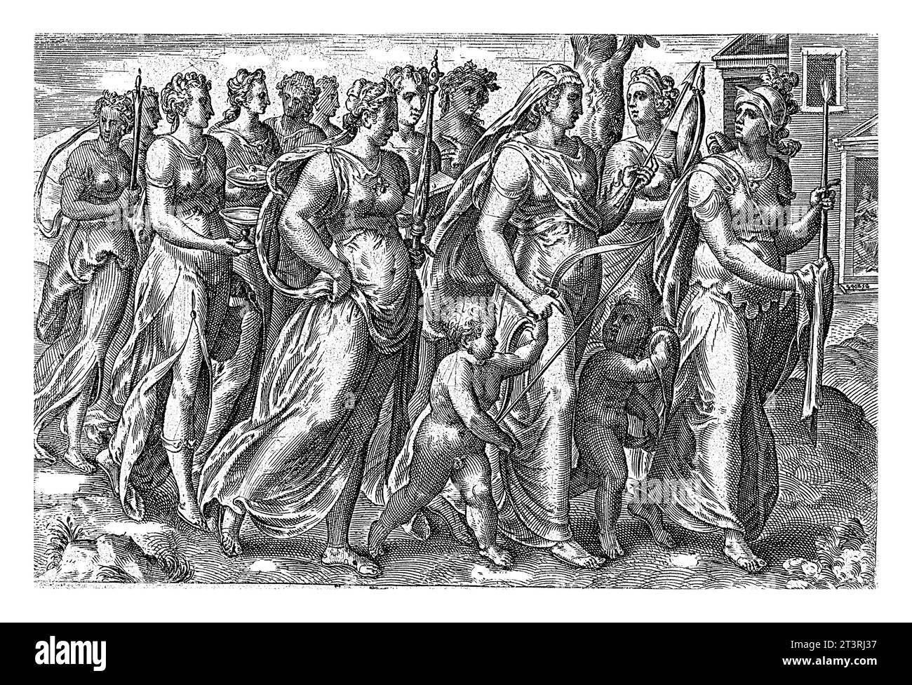 Virtù sulla strada per la sposa, Johannes Wierix (forse), dopo Gerard van Groeningen, 1574 entrano in gioco le personificazioni femminili di varie virtù Foto Stock