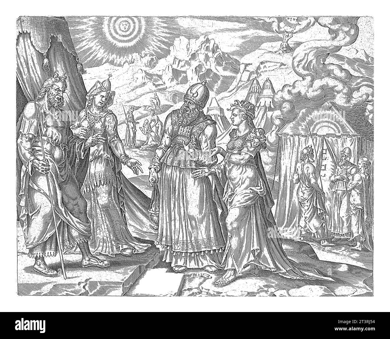 L'autorità di Moses contestata da Mirjam e Aaron, Harmen Jansz Muller, dopo Maarten van Heemskerck, 1643 - 1646 Aaron e Mirjam sono davanti a Moses e. Foto Stock