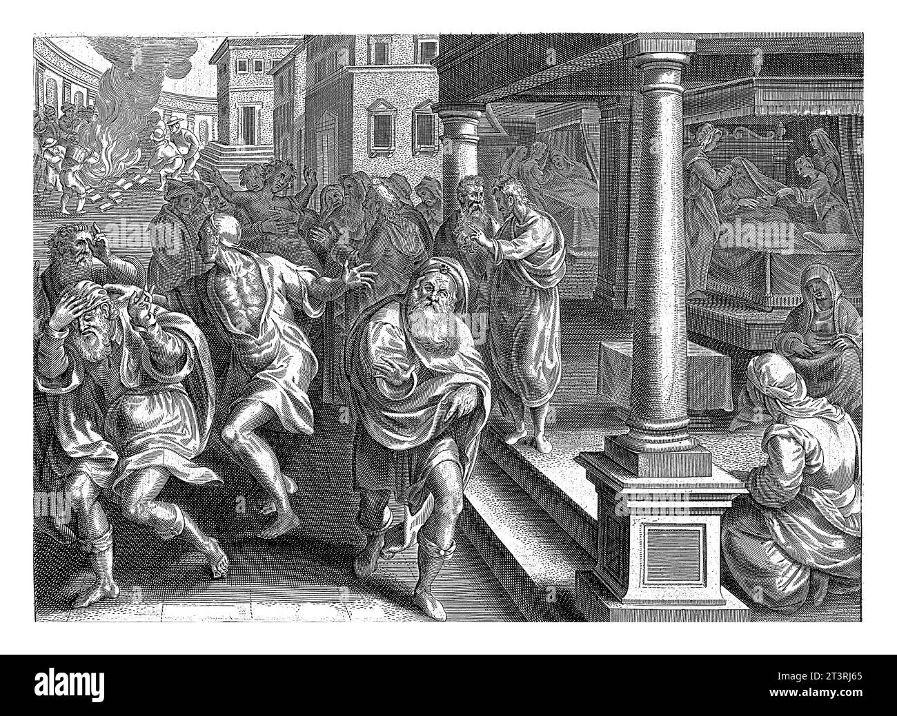 Paolo e gli esorcisti di Efeso, dopo Philips Galle, dopo Jan van der Straet, 1646 esorcisti ebrei, seguendo Paolo, cercano di esorcizzare una spirale malvagia Foto Stock