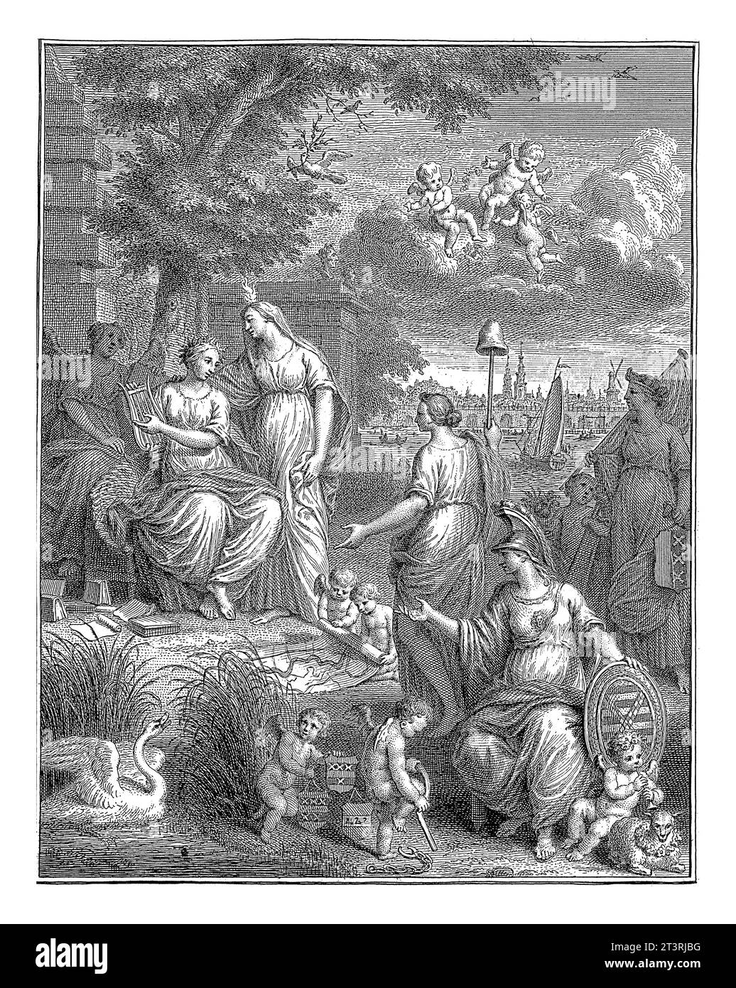 Poesia e libertà e il fiume Amstel, Pieter Tanje, dopo Louis Fabritius Dubourg, 1755 De Vrijheid, con una lancia per la libertà, si presenta al poetr Foto Stock