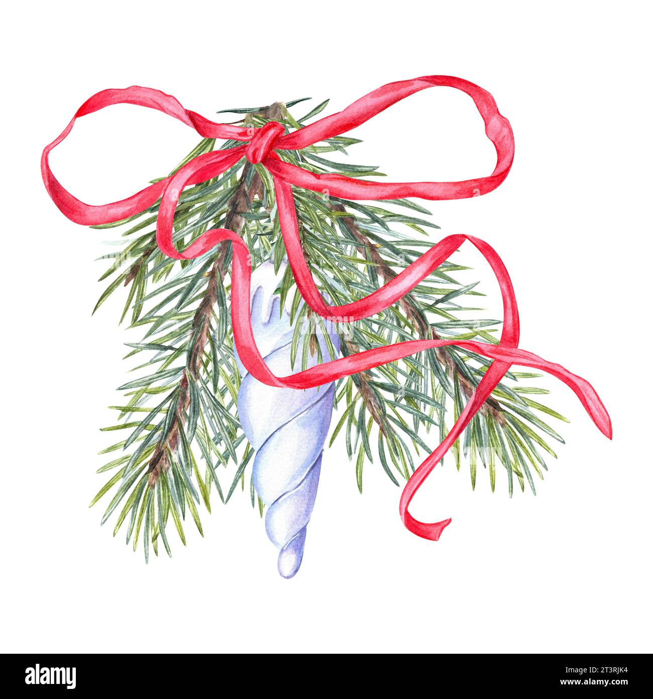 Giocattolo blu icicle in vetro di Natale, ramo dell'albero di Natale. Bouquet invernale decorato con nastro rosso. Abete rosso verde fresco. Elemento di progettazione. Illustrazione acquerello Foto Stock