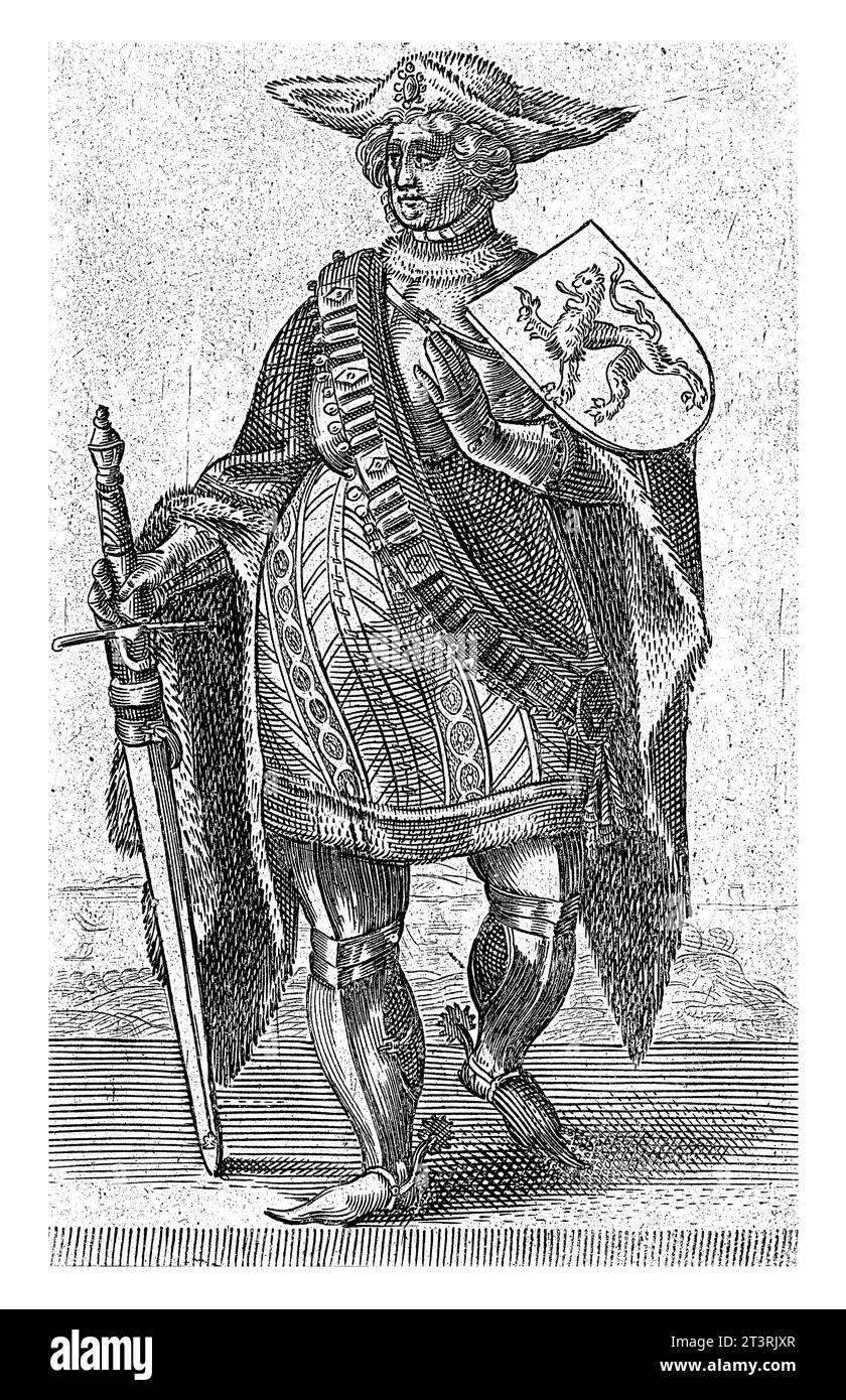 Ritratto di Floris II, Conte d'Olanda, Adriaen Matham, 1620 Ritratto di Floris II, Conte d'Olanda, in armatura con lo stemma di Holl Foto Stock