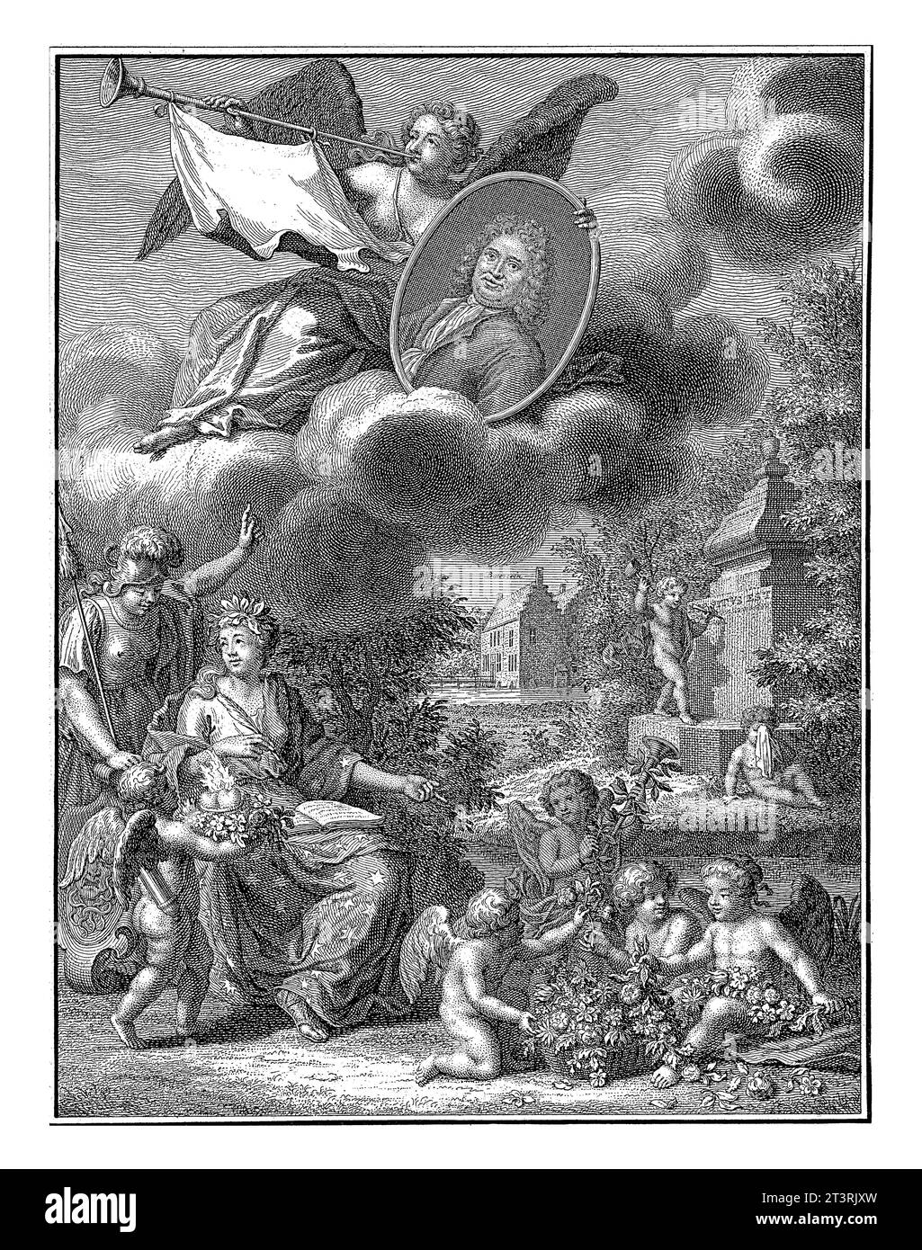 Angelo con il Ritratto di Pieter Burman, Jan Caspar Philips, 1744 paesaggio con un angelo, che soffia su una tromba a cui è uno striscione con il titolo i Foto Stock