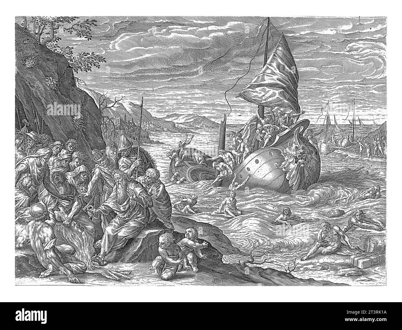 Paulus a Malta, Harmen Jansz Muller, dopo Dirck Barendsz., 1586 - 1590 durante il viaggio a Roma, la nave di Paulus è naufragata al largo della costa di Malta. Foto Stock