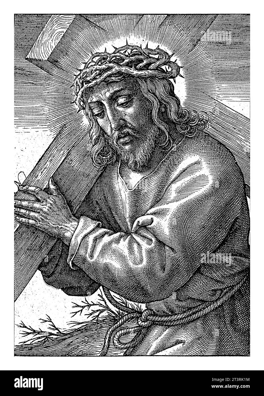 Con la croce, Hieronymus Wierix, 1563 - 1619 Cristo porta la croce sulla schiena al Calvario. Ai margini una citazione biblica a due righe da Mat. 10 Foto Stock