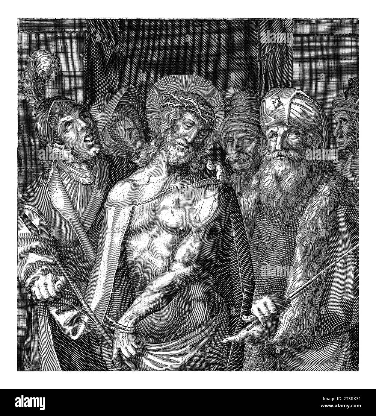 Pilato che mostra Cristo al popolo, Balthasar Caymox, c. 1591 - c. 1613 Cristo è in cattività. Ha le mani legate e indossa già la corona di Foto Stock