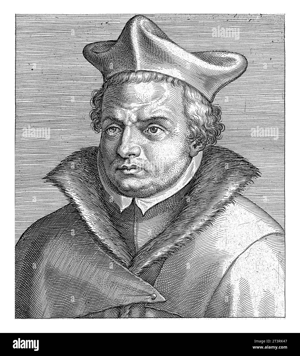 Ritratto di Augustinus Hunaeus, professore di teologia a Lovanio. Busto a sinistra. La stampa ha una parte superiore e una didascalia latine e fa parte di una serie di famou Foto Stock