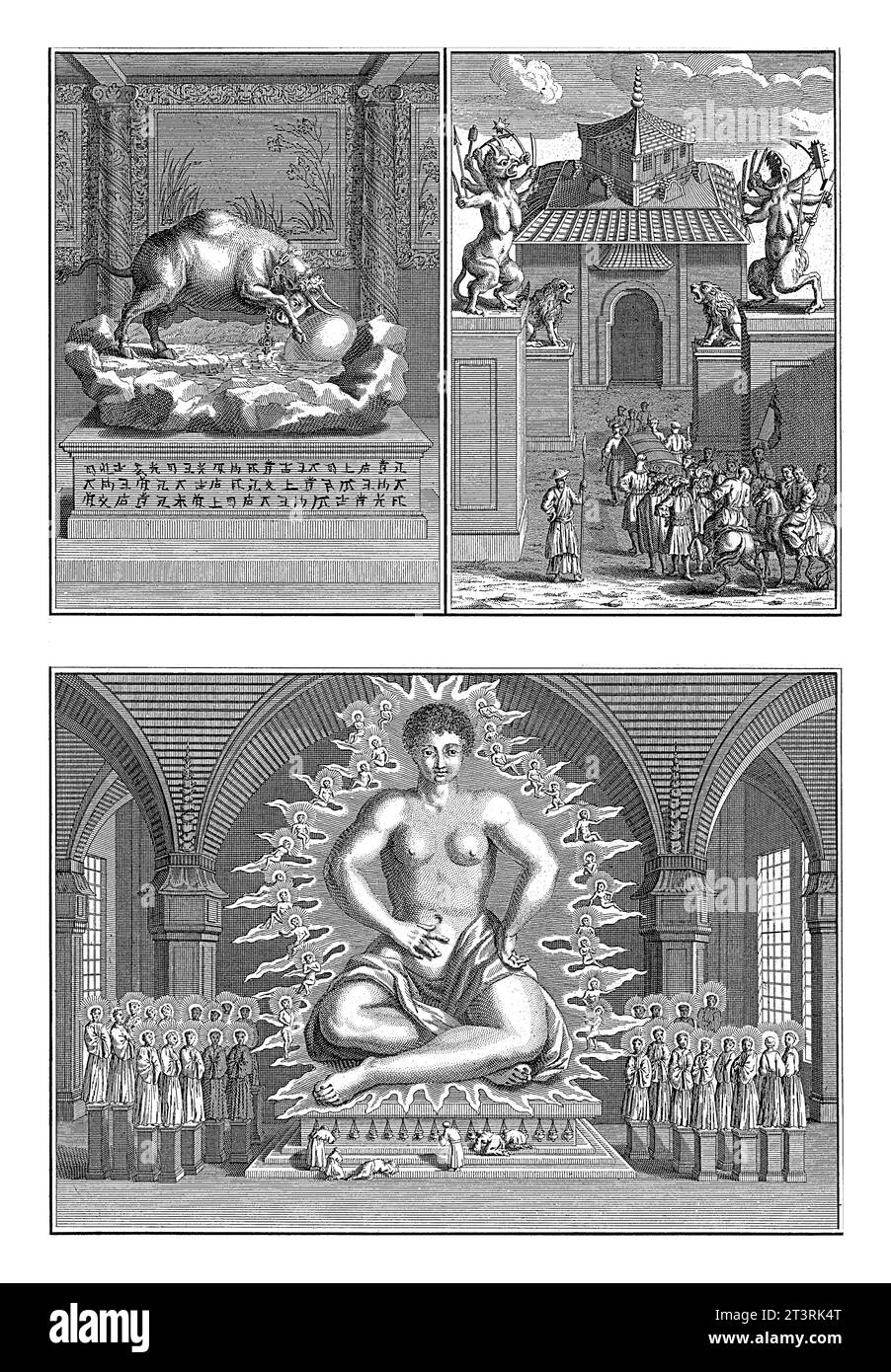 Pagoda del Toro / Pagoda del Dio Daybot/ il Dio giapponese Daybot, Bernard Picart (laboratorio di), 1724 Foglia con tre rappresentazioni di giapponese Foto Stock