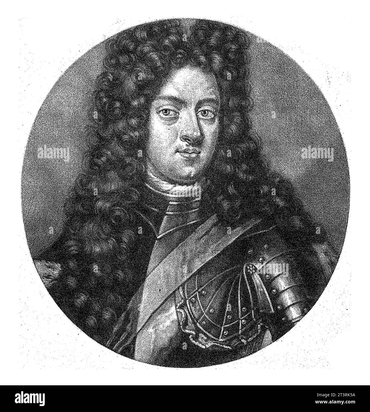 Ritratto di Giovanni Giorgio IV di Sassonia, Pieter Schenk (i), 1670 - 1713 Giovanni Giorgio IV, Elettore di Sassonia, indossa armatura e parrucca. A margine c'è una poesia Foto Stock