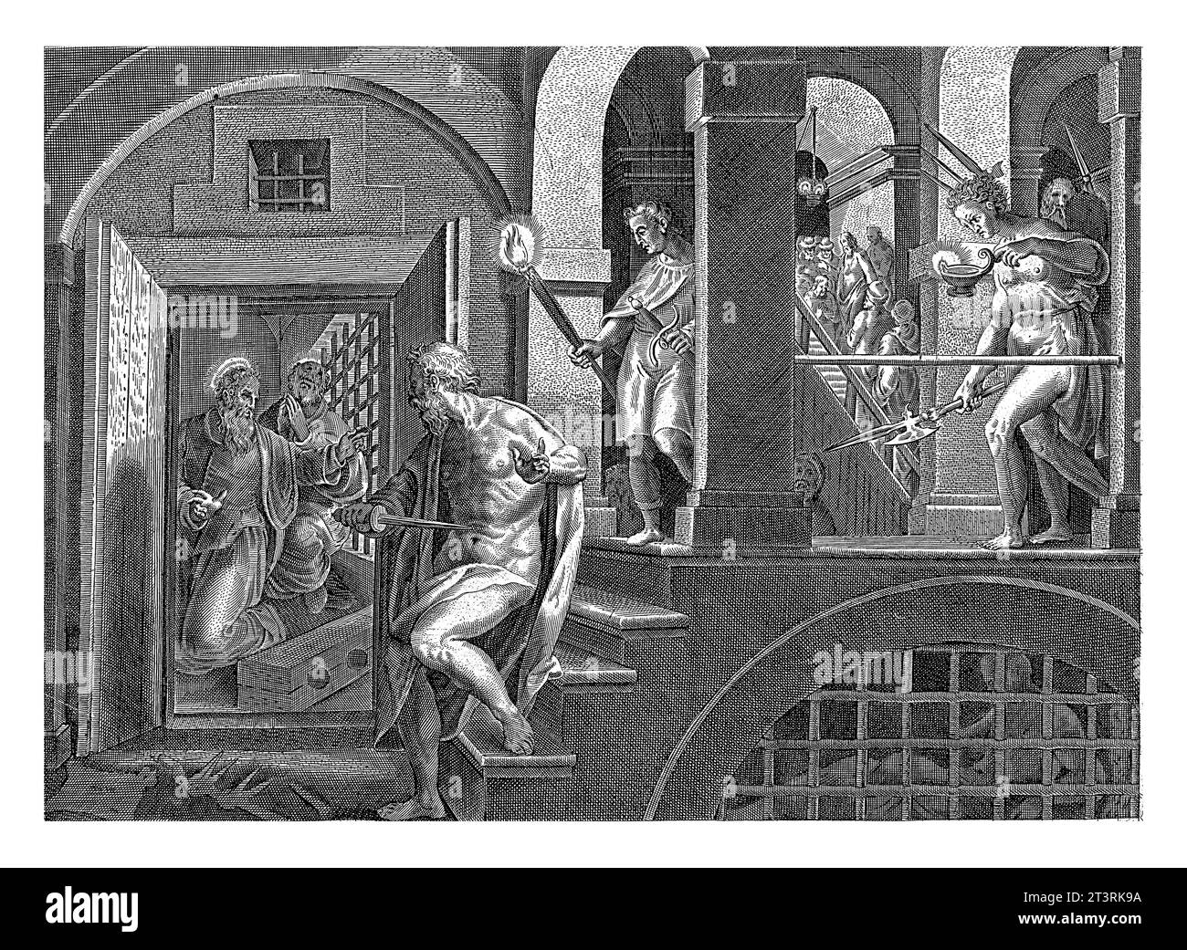 Conversione del carceriere di Philippi, anonimo, dopo Philips Galle, dopo Jan van der Straet, 1646 il carceriere di Philippi tenta il suicidio quando lui n Foto Stock