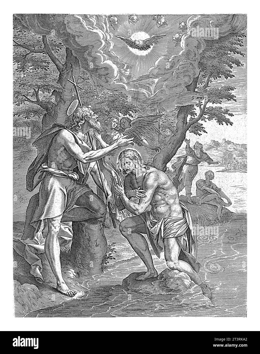 Battesimo di Cristo, Antonie Wierix (II), dopo Maerten de Vos, 1584 Cristo viene battezzato da Giovanni Battista, alla presenza di due angeli, nella Jorda Foto Stock
