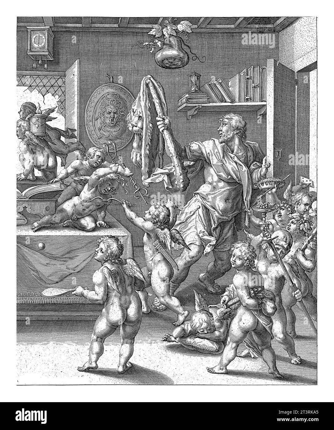 Passioni buone e cattive.uomo che ha lasciato entrare nella stanza i putti sbagliati, simboleggiando passioni negative. Si tratta solo di ricchezze, passatempi, les Foto Stock