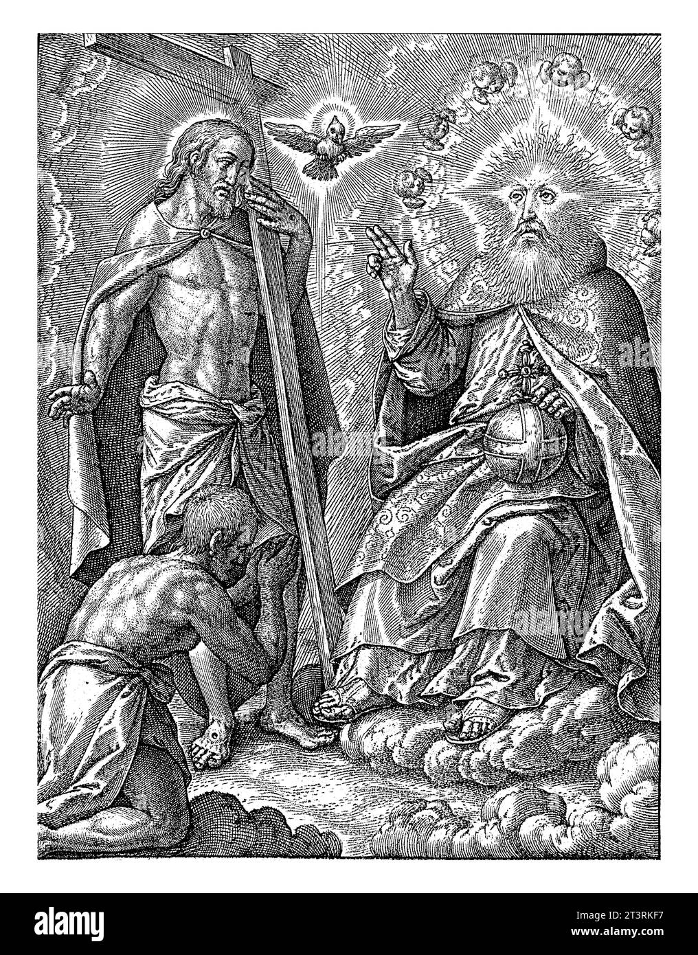 Santissima Trinità, Hieronymus Wierix, 1563 - prima del 1619 Un uomo si inginocchia davanti alla Santissima Trinità in cielo. Dio padre lo benedice. La sua testa è circondata Foto Stock